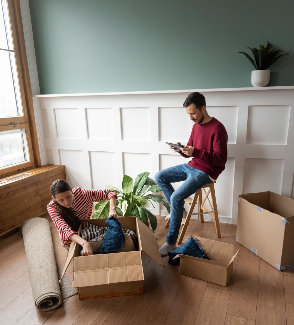 man-woman-unpacking-house